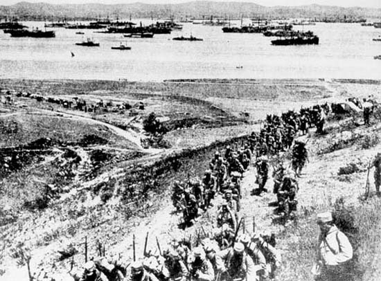The French Landings under protective bombardments of the Allied Armada
