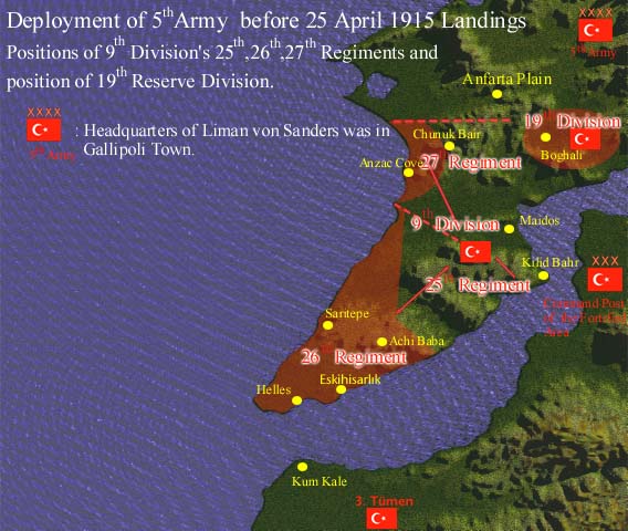 The sketch showing the deployment of Turkish 5. Army before 25 April 1915 Landings.